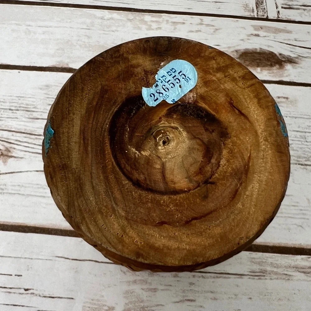 Boho Wood Candlestick Holder Brown Hand Carved Leaf Motif 6in